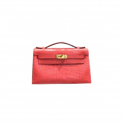 HERMÈS MASTER MINI KELLY BAG MATTE CROCODILE LEATHER CUCKOO RED GOLD BUCKLE (22*14*7cm) 